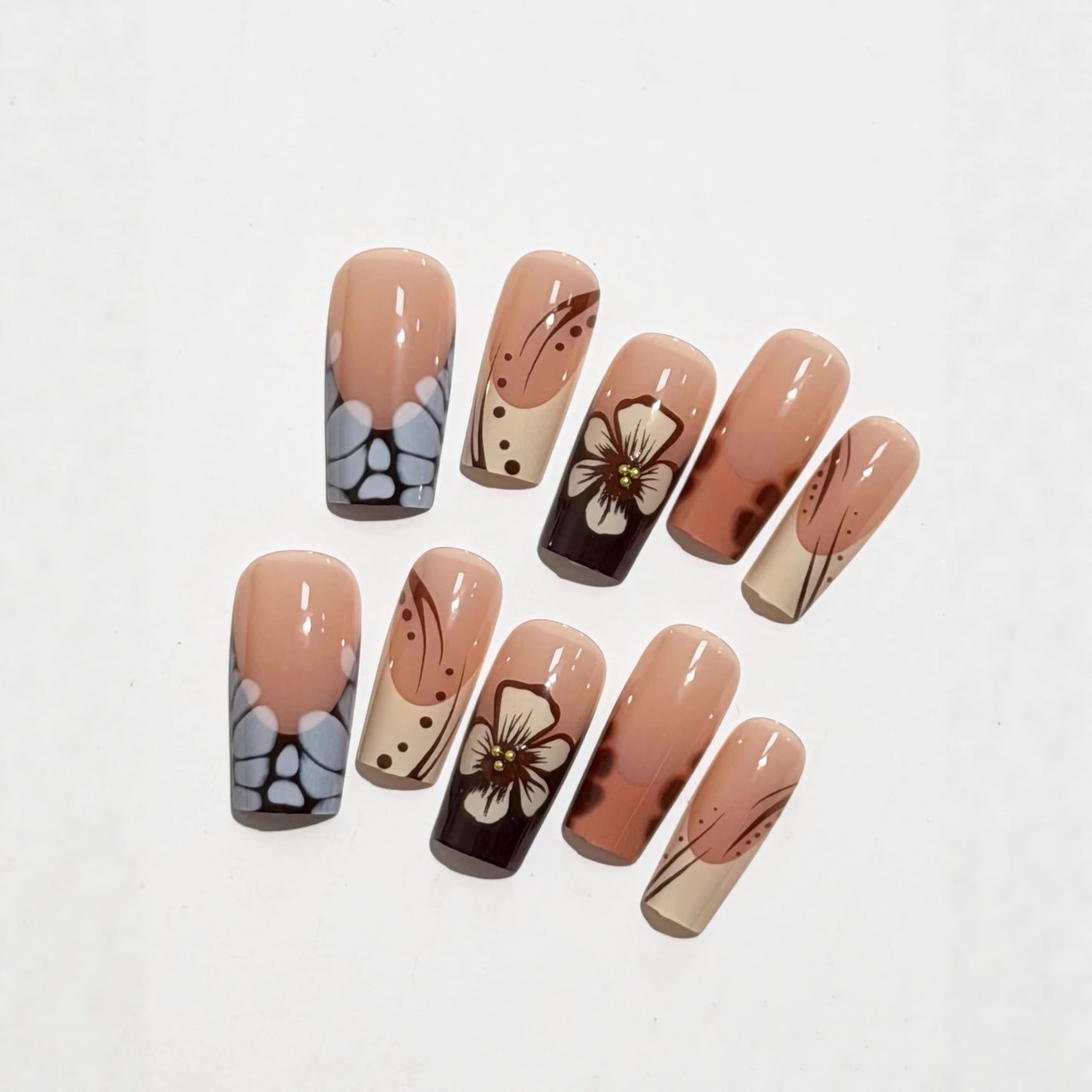 BABALAL Press on nails Medium Square Fake Nails Brown French Tip Glue ons Flower Fall Design Y2k Acrylic Supplies 24Pcs Squoval Manicure Full Cover False Nails Art