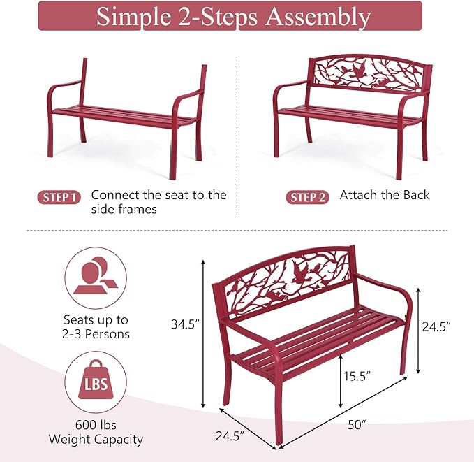 Giantex 50”Outdoor Bench with Cast Iron Backrest & Ergonomic Armrest,600 lbs Steel Metal Frame, Garden Bench for Park Front Porch Patio Lawn Backyard Balcony Path Entryway Deck, Red Bird Pattern