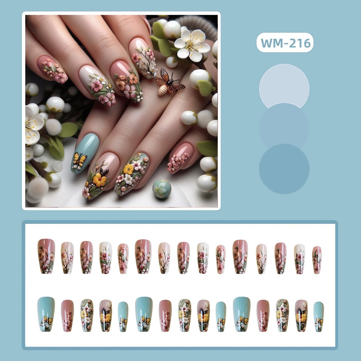 TBRZTR Flower Press on Nails Medium Ballet Shaped Full Cover Glossy Artificial Acrylic False Nail Floral Butterfly Pattern Design Spring Fake Nails Reusable Medium Glue on Nail for Women 24Pcs