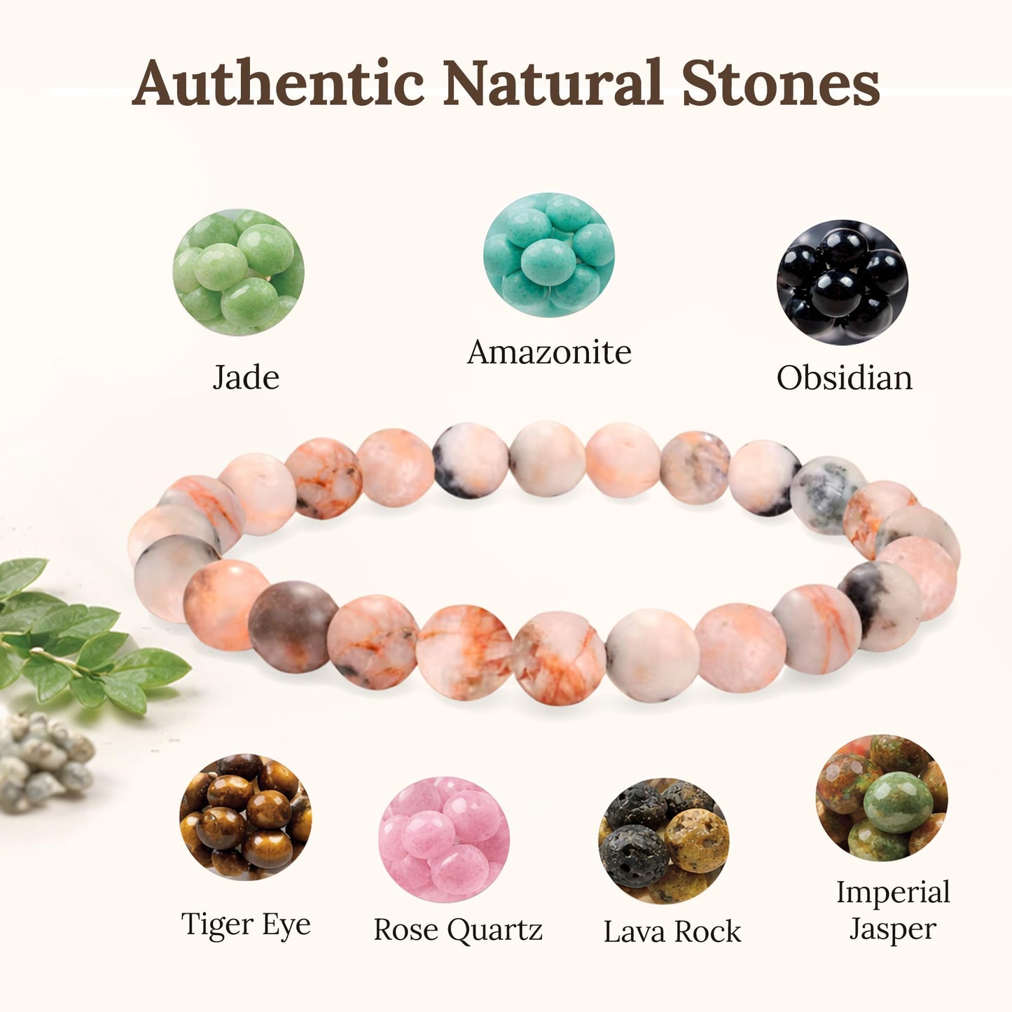 Elm City Direct 8mm Natural Stone Beaded Bracelet – Unisex Crystal Stretch Bracelets for Men & Women, Chakra & Healing Jewelry, Gift-Ready Beaded Bracelets (Pink Zebra Jasper, 8mm)