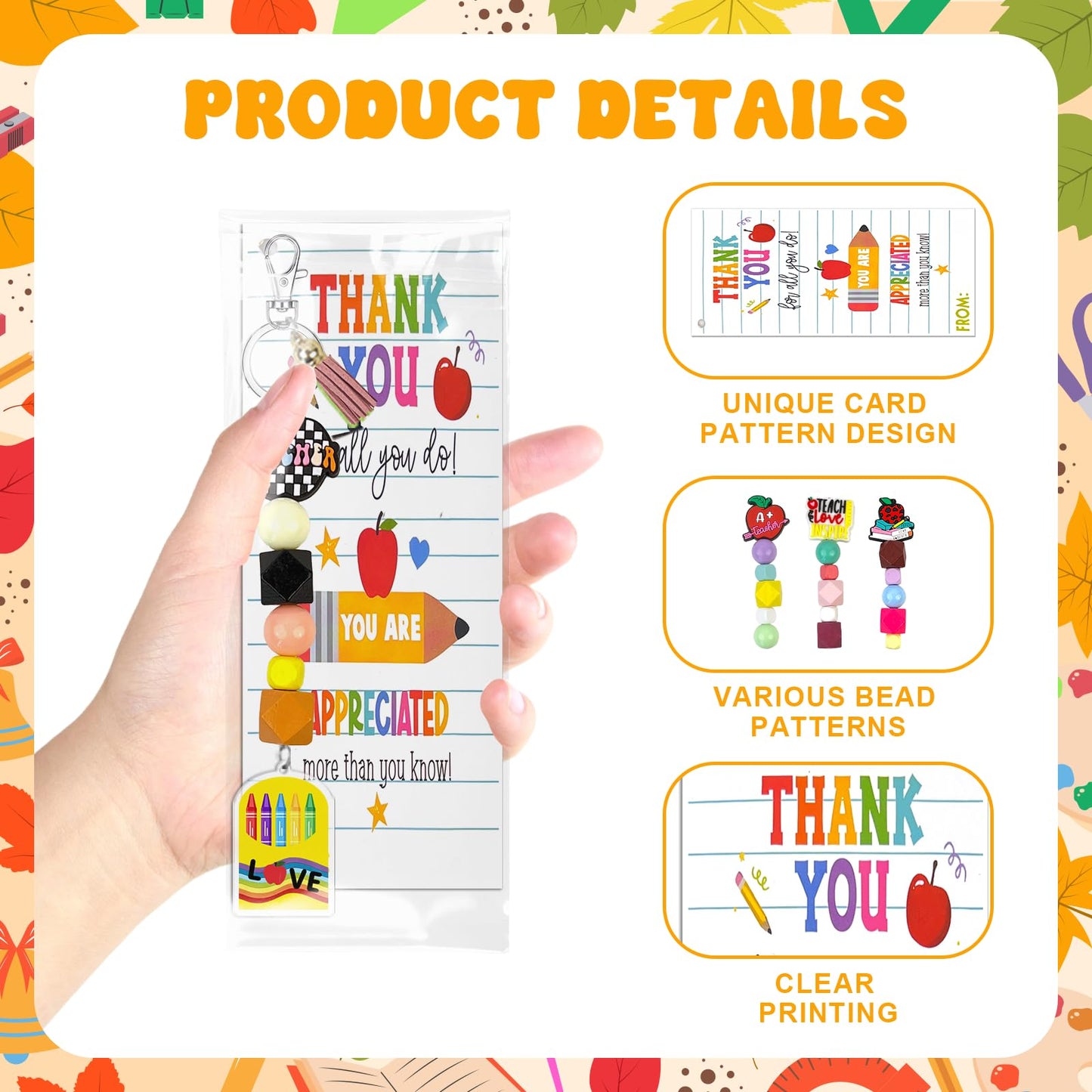 Gaiaring 72 Pcs Large Teachers Appreciation Gifts Set Teacher Appreciation Keychains Apple Beaded Lanyard Keychain with Cards