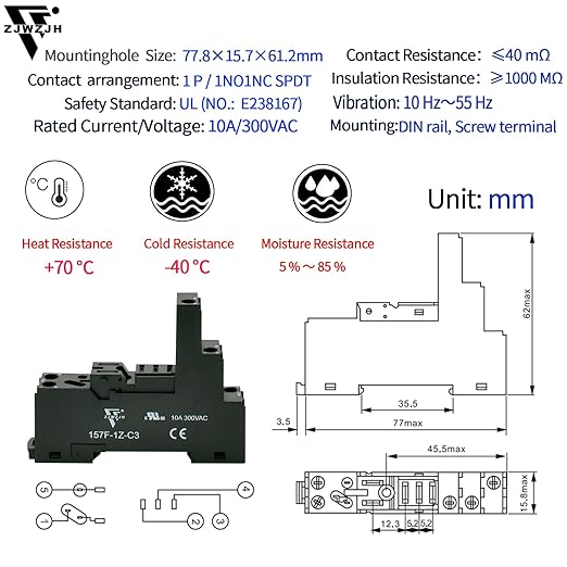 12 Pcs 12Amp Power Relay Switch UL Listed 24V DC Relay Coil, 5 Pin SPDT 1NO 1NC with Test Button, LED Module Light, Socket Base, DIN Rail