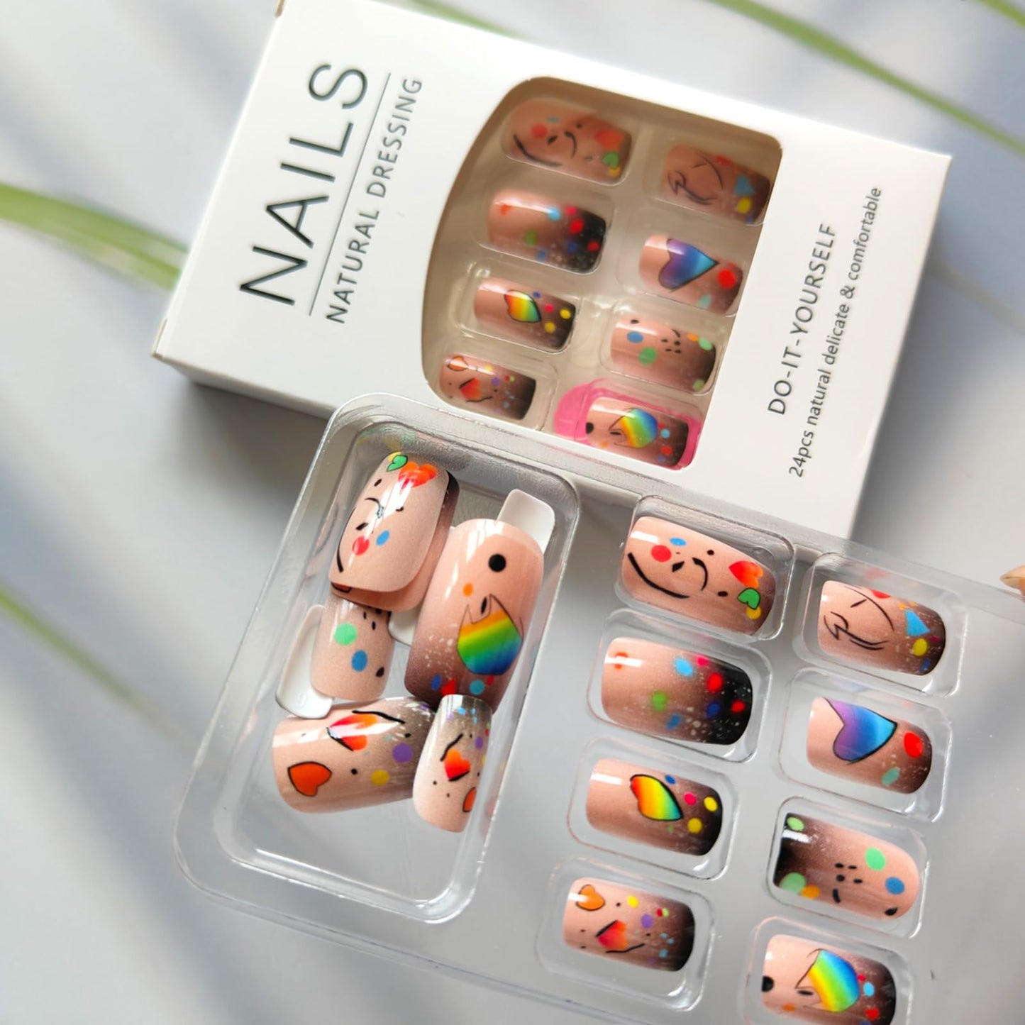 GCSQW Summer Press On Nails Medium Square False Nails 24Pcs Multicolor Designs Acrylic Full Cover Stick On Nails for Women French Nail Art