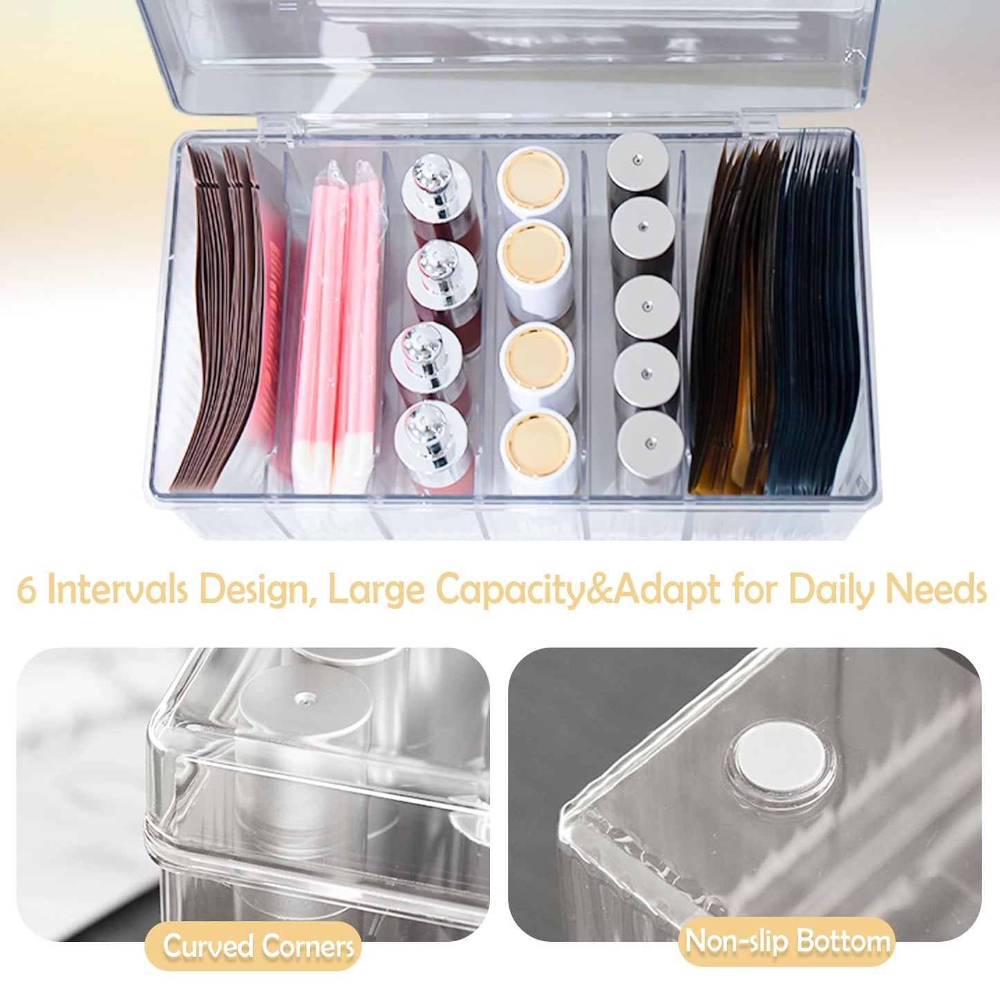 EOREA Acrylic Lash Extension Organizer with Lid, 6 Compartment Lash Cart Storage for Lash Techs, Clear Secure Lid Eyelash Supplies Organizer for Salon & Home Use