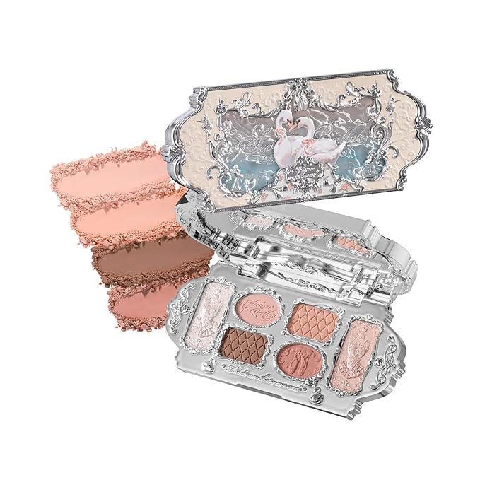Flower Knows Swan Ballet Six-Color Makeup Palette,Eyeshadow,Blush,Highlighting & Contour All-in-One Face Makeup Palette with 4 Matte+2 Shimmer Neutral Shades(01 White Swan,0.23 Oz)