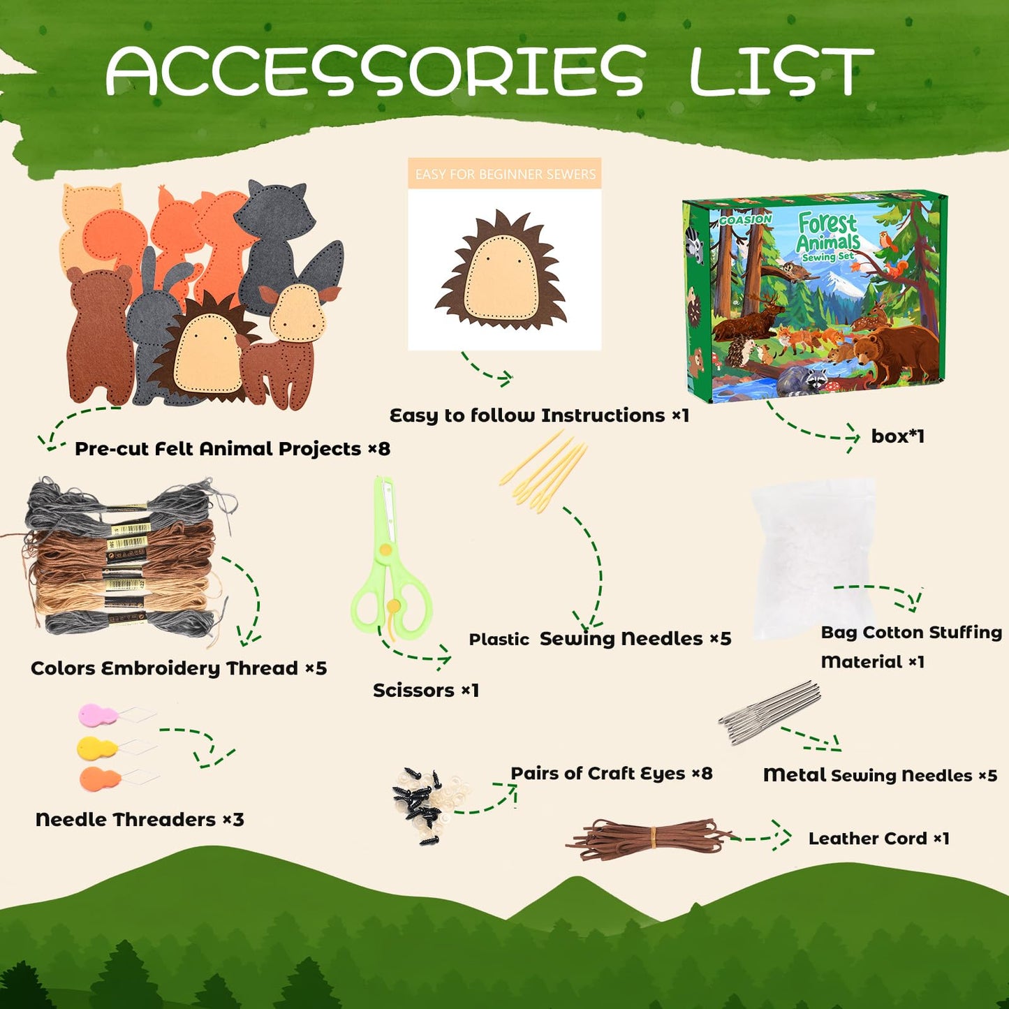 GOASION Sewing Kit for Kids, Woodland Animals Kids Sewing Kit, Pre Punched Design for DIY Hanging Decorations, Sewing Tit for Beginners Age 8-12, Boys & Girls Birthday Gift