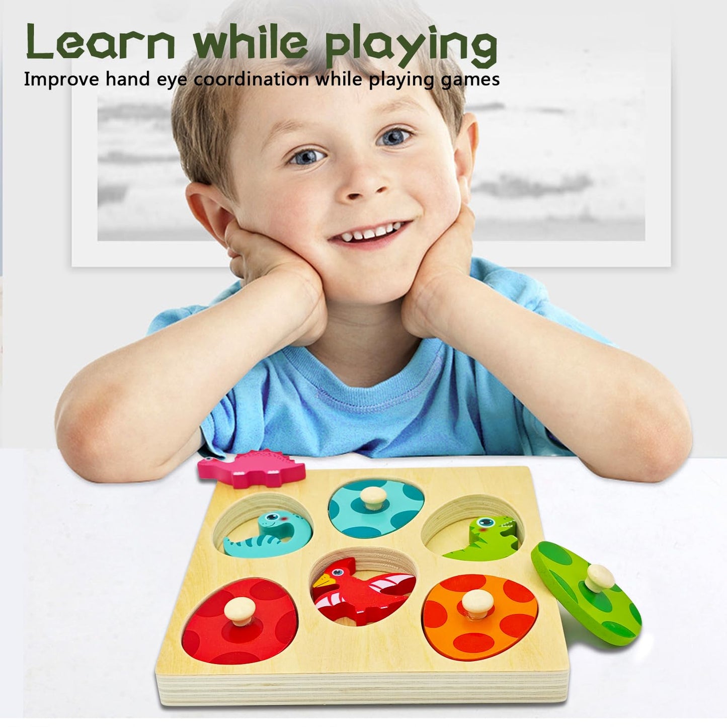Tucimibo Dinosaur Matching Eggs Multi-Layer Wooden Peg Puzzles, Sorting & Stacking Montessori Early Educational Learning Shape Toys for Preschool Boys & Girls, Christmas Birthday Gifts for Toddlers