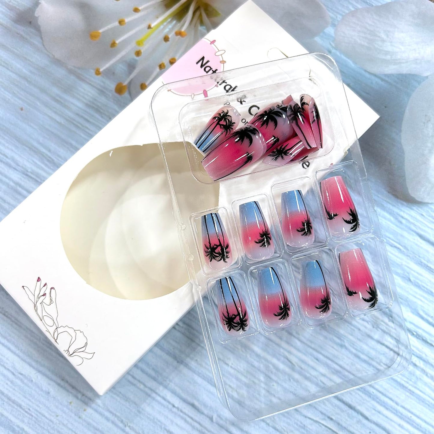 24Pcs Coconut Tree Press on Nails Medium Ballet Shaped Blue Pink Gradient Acrylic Fake Nails Full Cover Glossy Summer Artificial Nail Medium Press Ons Stick on Nails DIY Glue on Nails for Women