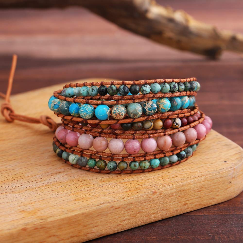 Plumiss Women Boho 5 Wraps Bracelet Natural Rhodonite Picasso Jasper Turquoise Stone Strand Bracelet Jewlery