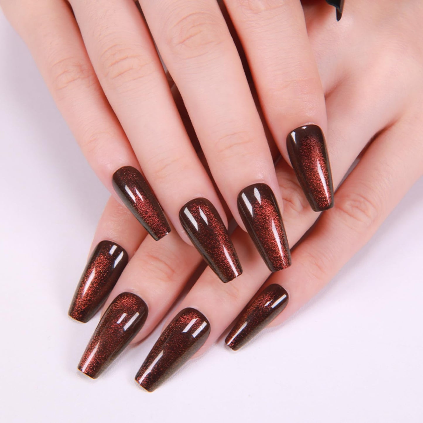 Gentle Claws Press On Nails - Dark Maroon | Dark Red Glitter Velvet, Medium Coffin Squared With Cat Eye Design for Women and Girls, 24 Pcs Reusable Red Fake Nails