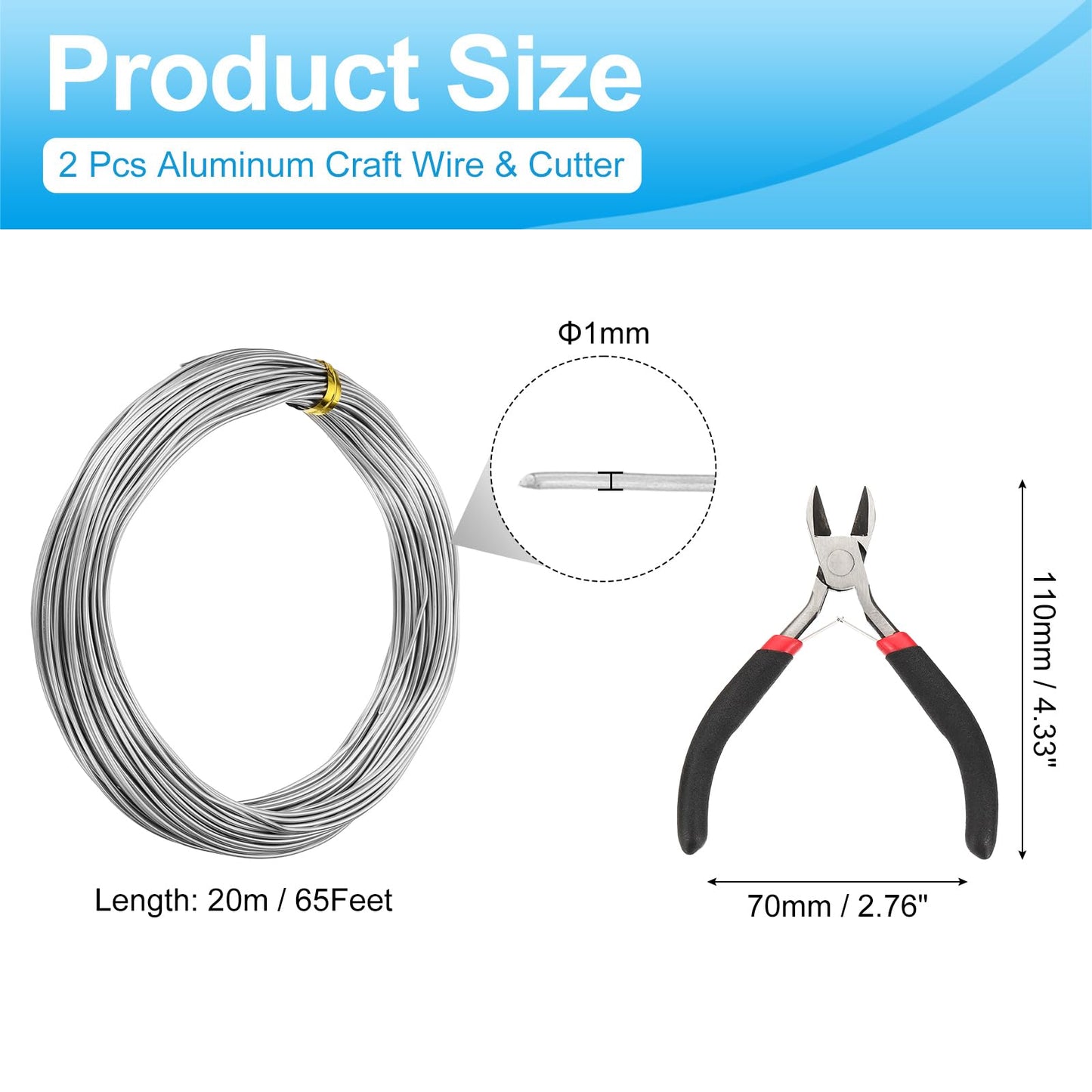 MECCANIXITY 65 Feet Aluminum Craft Wire, 18 Gauge (1mm) Sculpting Metal Armature Craft Wire for DIY Jewelry Making Beading Floral with Cutter Silver, 2 Pcs
