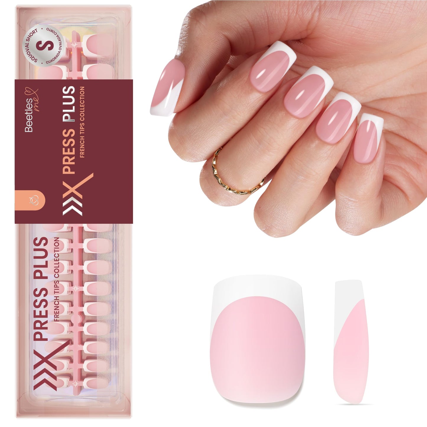 Beetles X Press Plus French Tip Nails - Camellia French | Pink Short Squoval Press On Nails | 16 Sizes 224 Pcs Natural Salon Quality Gel Nail Tips
