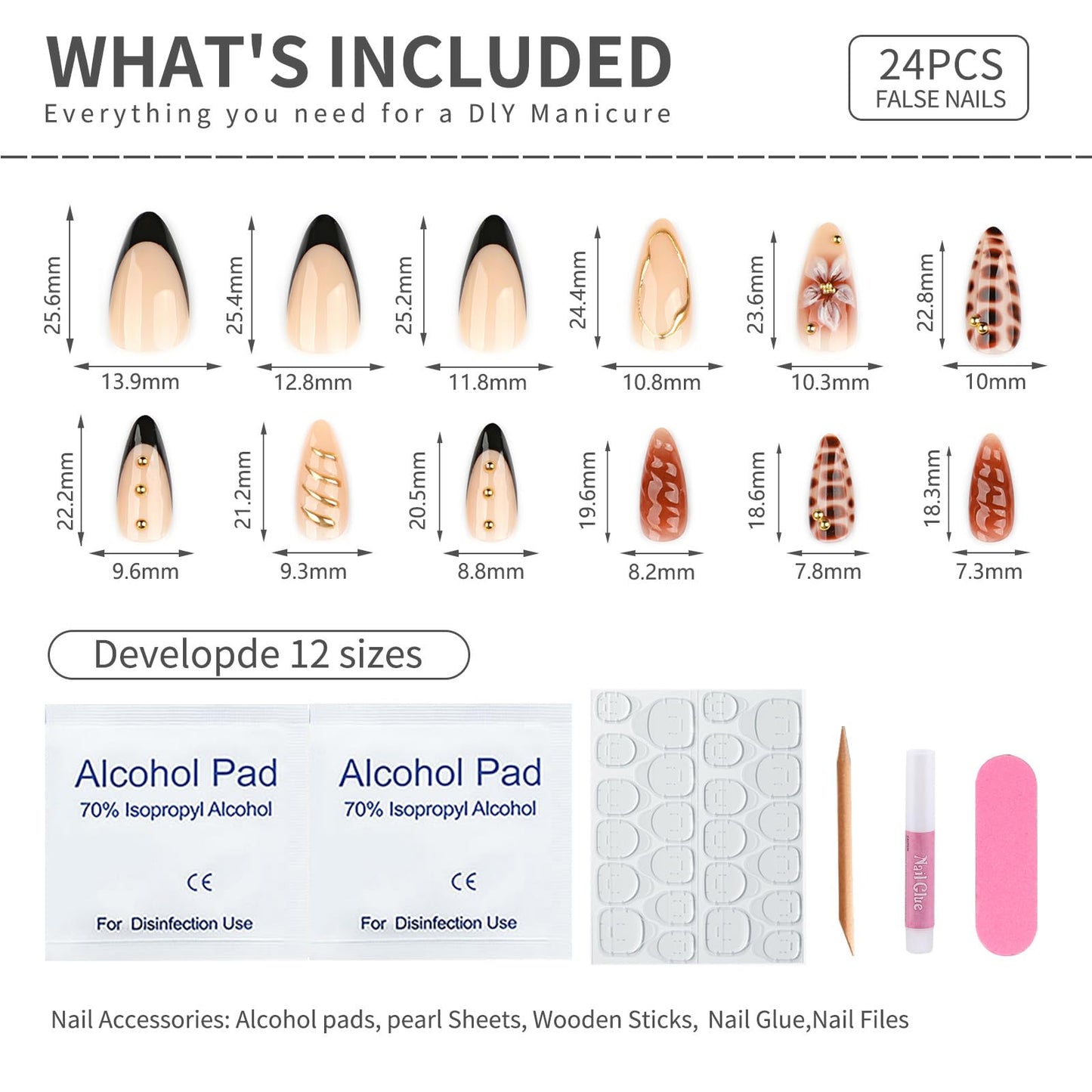 Mivota Brown Soft Gel Press On Nails 24PCS – Mixed Texture Almond Fake Nails with 3D Flower Design, Gold Edge & Snake Pattern, Glossy Reusable Glue On Nails for Women, Trendy Fall Nail Tips