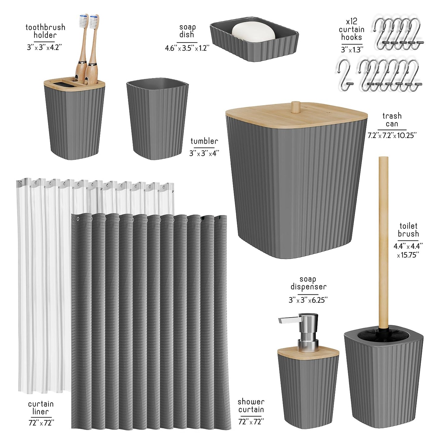 Clara Clark Bathroom Accessories Set - Bathroom Set, Bathroom Accessory Set, Shower Curtain Set, Toilet Brush, Trash Can & Soap Dispenser - Grey - 20PC