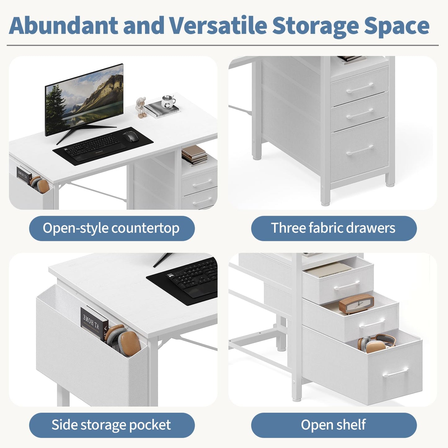 DUMOS Computer Desk with Storage, Small Home Office Desk with 3 Fabric Drawers & Side Pocket, Space Saving Writing Desk for Apartment, Dorm, Gaming Workstation, 39" White