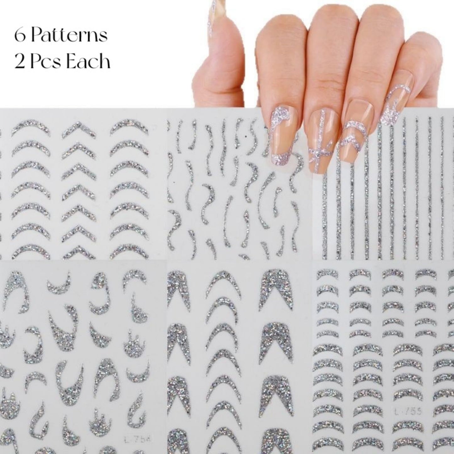 Glitter Wavy Stripe Nail Stickers, Self Adhesive Baroque Nails Decoration Supplies for Women Nails Design(Glitter, 12sheets)