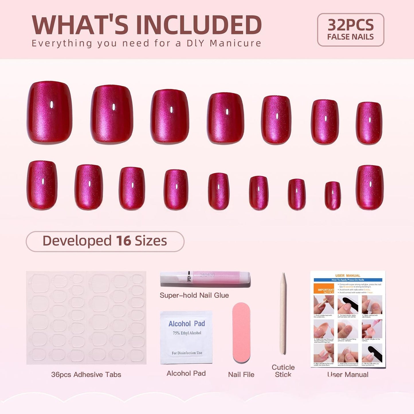 Press On Nails Short Square - Soft Gel Press on Nails Red Fake Nail Solid Colour False Nails Fit Perfectly Reusable Glossy Glue On Nails in 16 Sizes, Stick on Nails for Women Girls 32Pcs