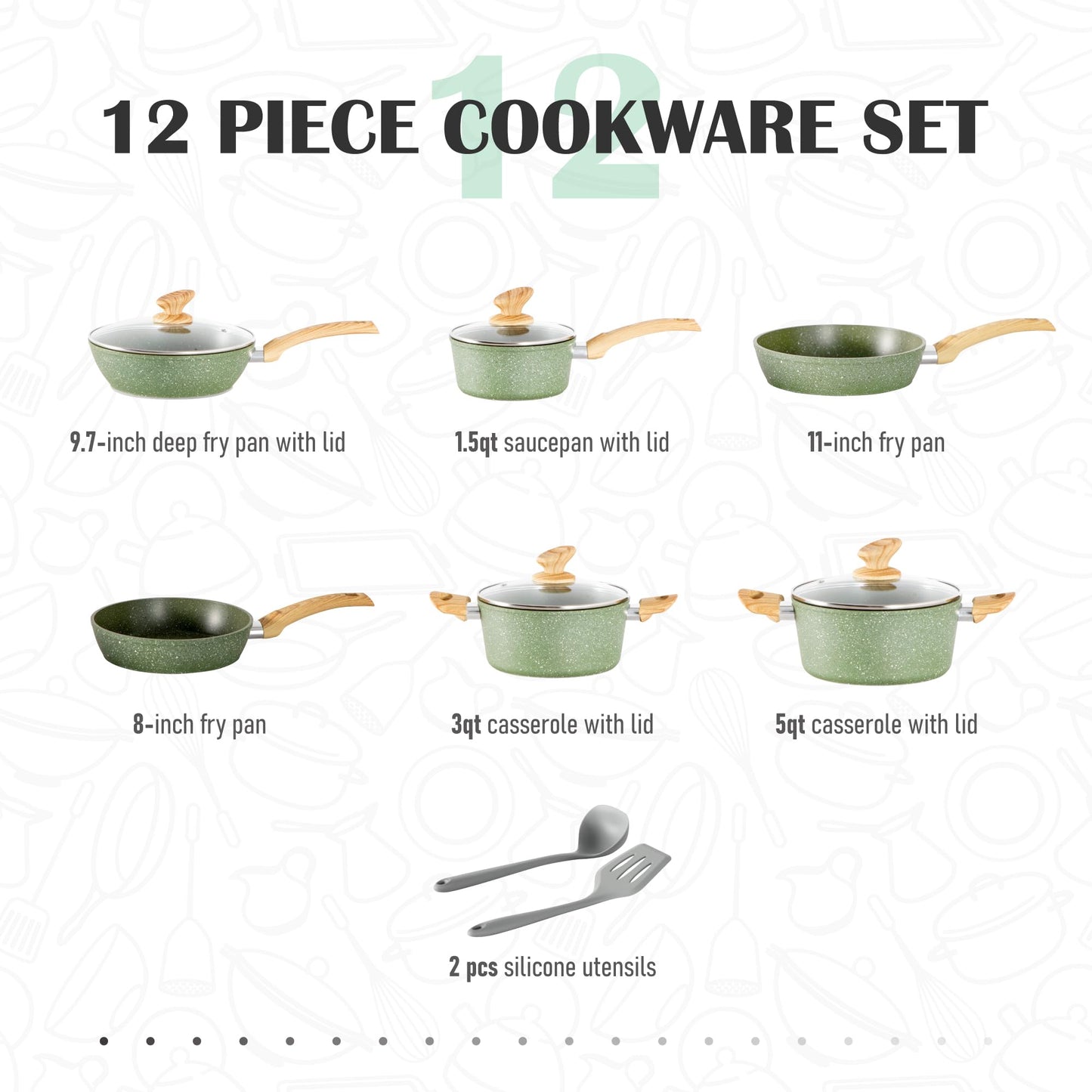 MAISON ARTS Pots and Pans Set Non Stick, 12 Piece Green Granite Kitchen Cookware Induction Compatible, Cooking Sets Pots and Pans Nonstick