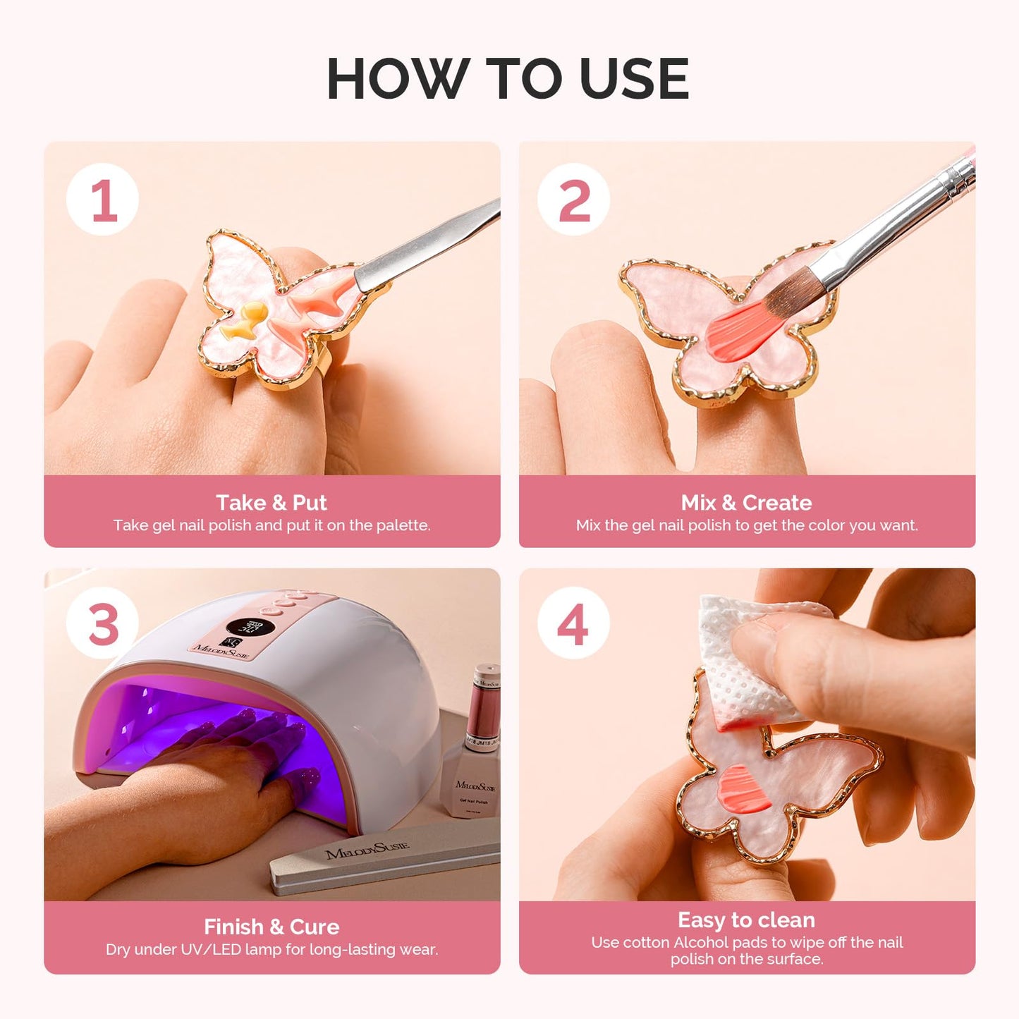 MelodySusie 4Pcs Acrylic Nail Brush Set and 4PCS Adjustable Resin Nail Art Palette Finger Rings Set