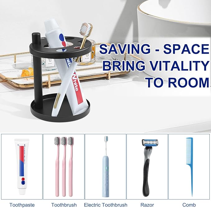 Metal Toothbrush Holder Stand for Bathroom, 5 Ventilated Slots Hold Manual Toothbrushes, Razor, Toothpaste, Bathroom Toothpaste Holder Stand Countertop Organizer, Cute Paw Pad Design, Black