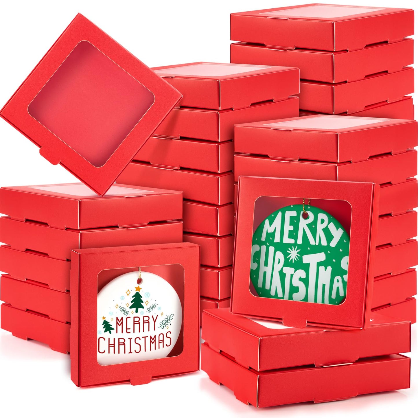 Dunzoom 50 Pcs Sublimation Ornament Blanks Gift Box 3.6"x3.6"x0.7" Christmas Ornaments Holder Ceramic Discs Packaging Box with Window for Personalized Xmas Tree Blanks Bulk (Red)