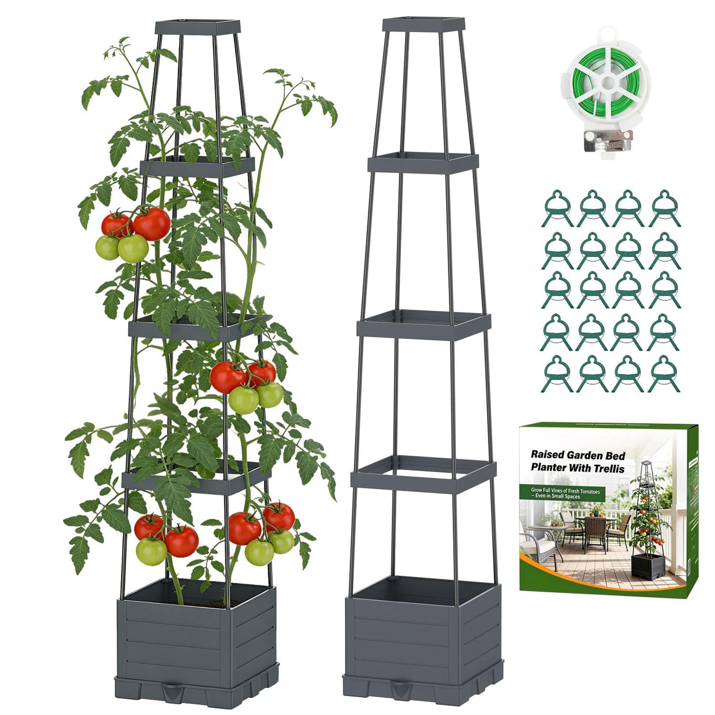 Suteck Raised Garden Bed Planter Box with Trellis, 2-Pack Self-Watering Tomato Planter with Adjustable Height Steel Support Frame for Climbing Plants, Tomato Cages for Patio, Balcony & Outdoor