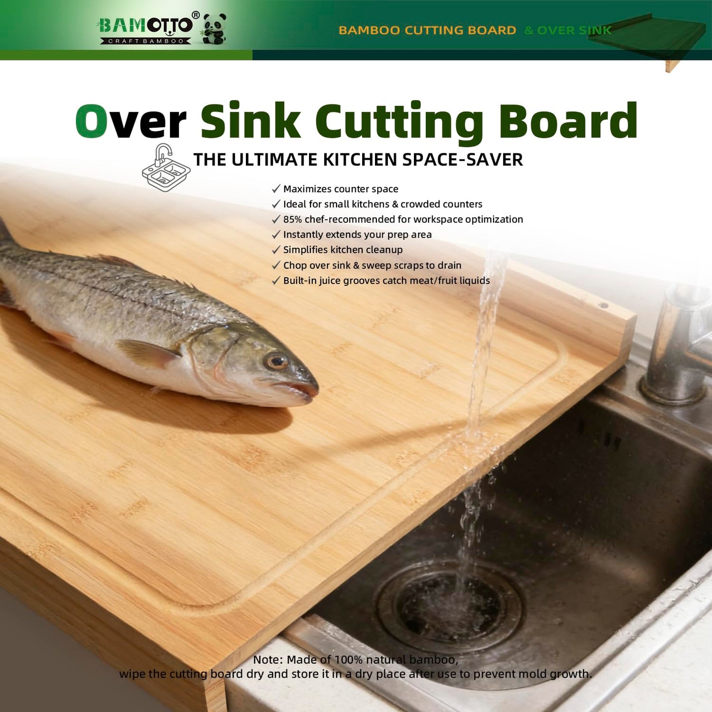 BAMOTTO CRAFTBAMBOO 24x18 Inch Extra Large Bamboo Cutting Board with Detachable Front Lip & Backsplash - Reversible Over The Sink Board, Pasta Maker, Pastry & Carving Board for Home Kitchen