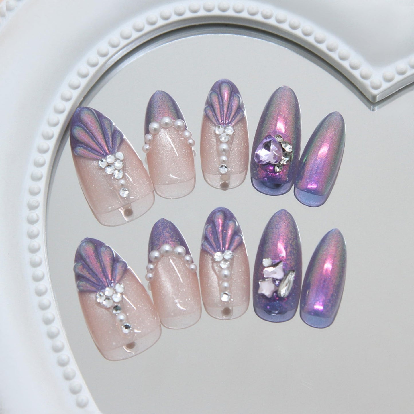Medium Press on Nails Almond Fake Nails Purple Artificial Nail Mermaid Stick on Nail with Seashell Pearl Rhinestone Gem Glitter Design for Women 30pcs