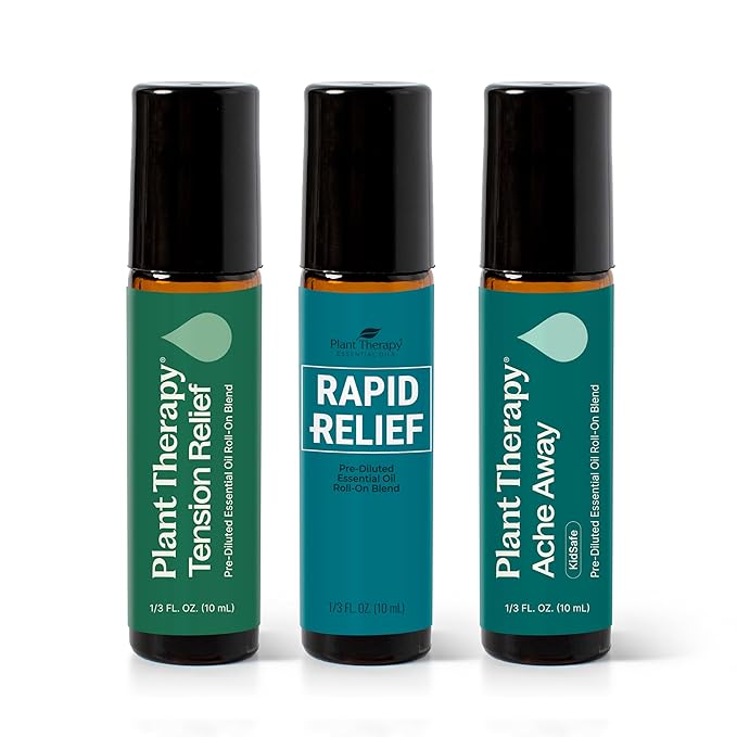 Plant Therapy Pain Support Essential Oil Roll On Blend Set 10 mL (1/3 oz) Each of Ache Away, Rapid Relief & Tension Relief, Pure, Pre-Diluted, Essential Oil Blends