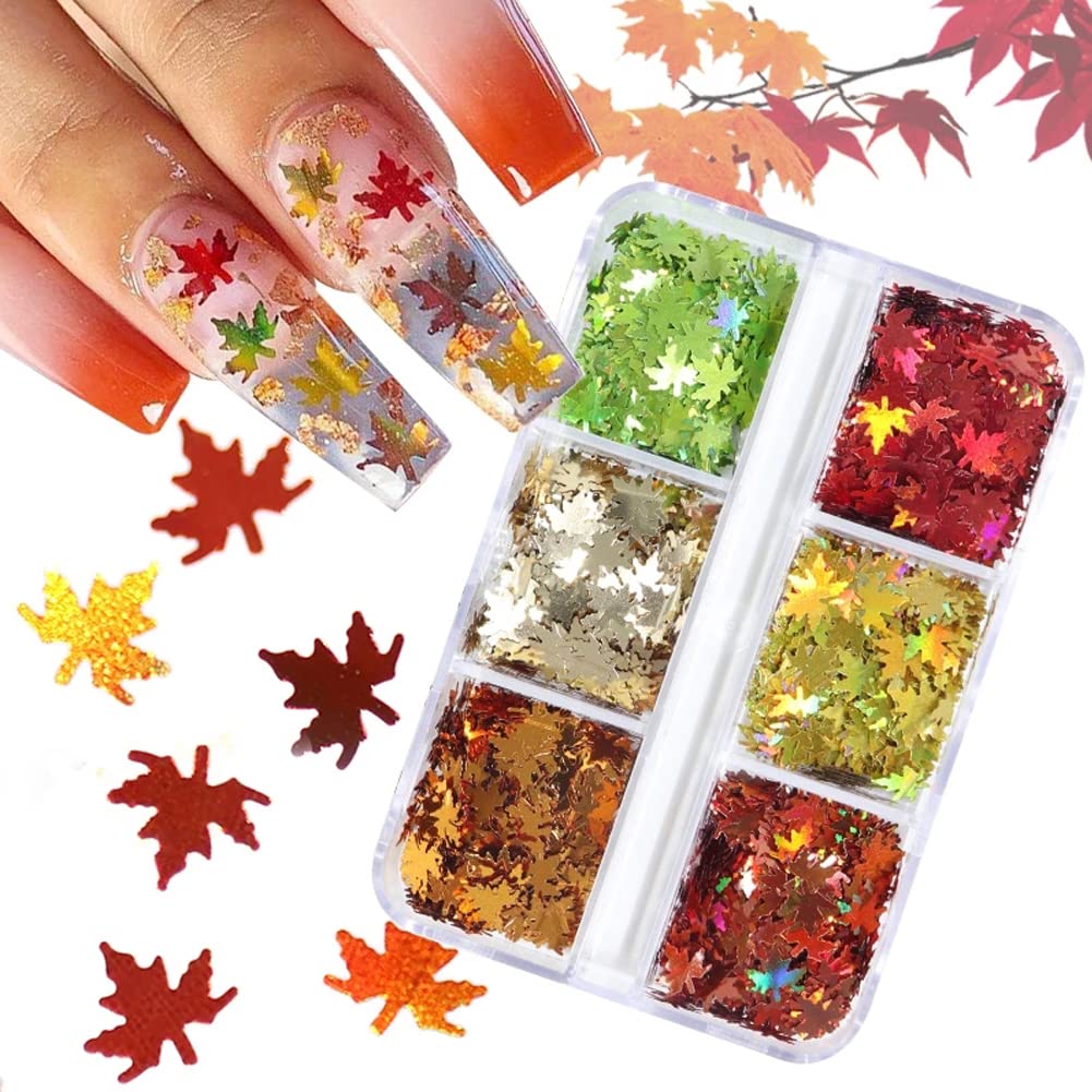 Fall Glitter Nail Sequins Maple Leaf Nail Glitters Flakes 3D Maple Leaves Nail Art Stickers Decals Gold Laser Glitter Nail Designs Retro for Manicure Autumn Winter Gel Nail Art Decorations 6 Grids