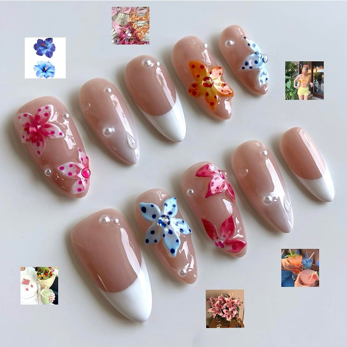 Luxury Press on Nails Medium Almond Handmade 3D Unique Reusable ABS Material Fake Nails White French Tip False Nails with Designs Polka Dots Pearls Flower Glossy Glue on Nail Thick Acrylic Nail(S)