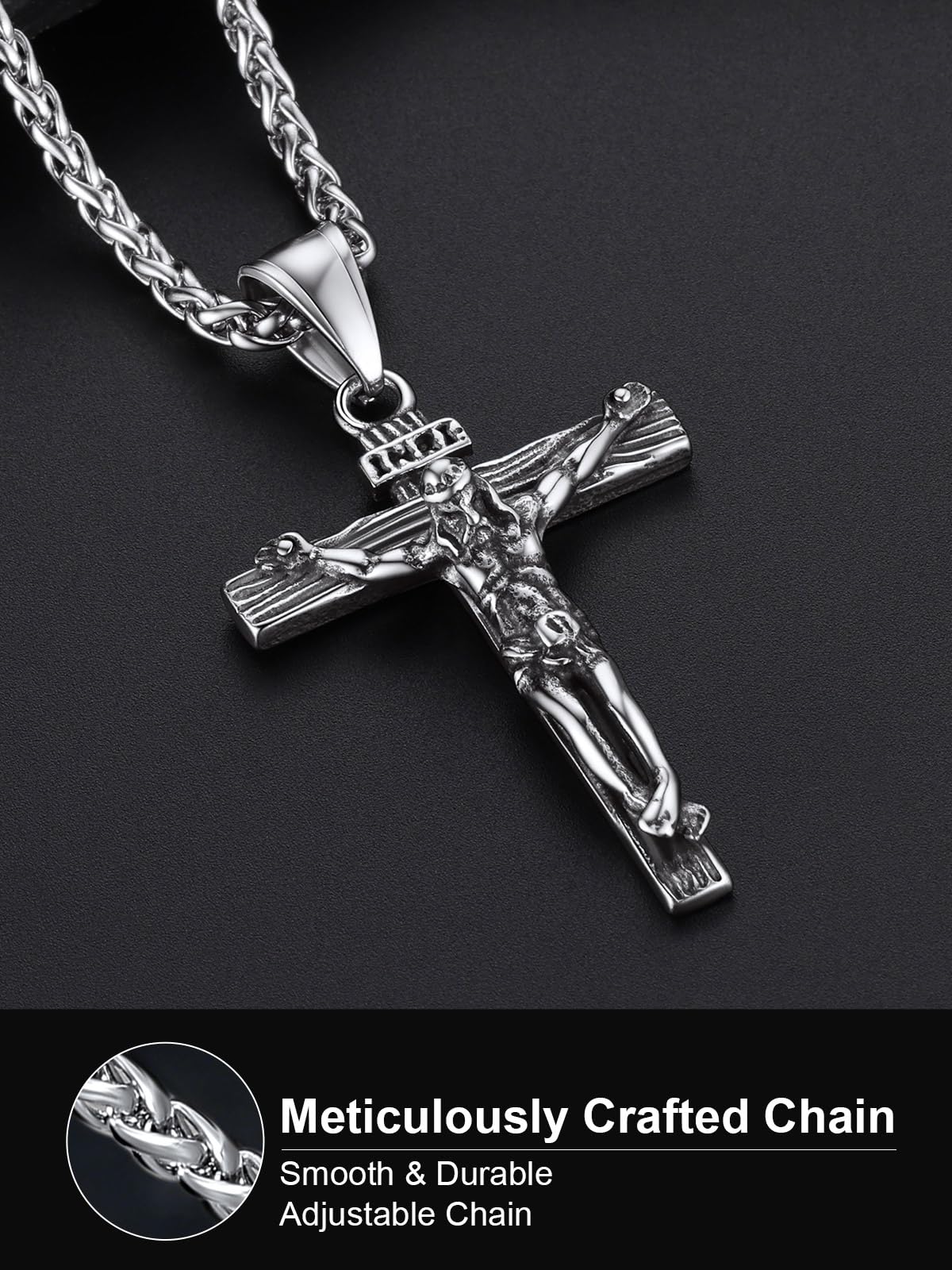 U7 Crucifix Cross Necklace Stainless Steel Crucifix Necklace Cross Pendant for Men with Rope Chain 24"(Silver)