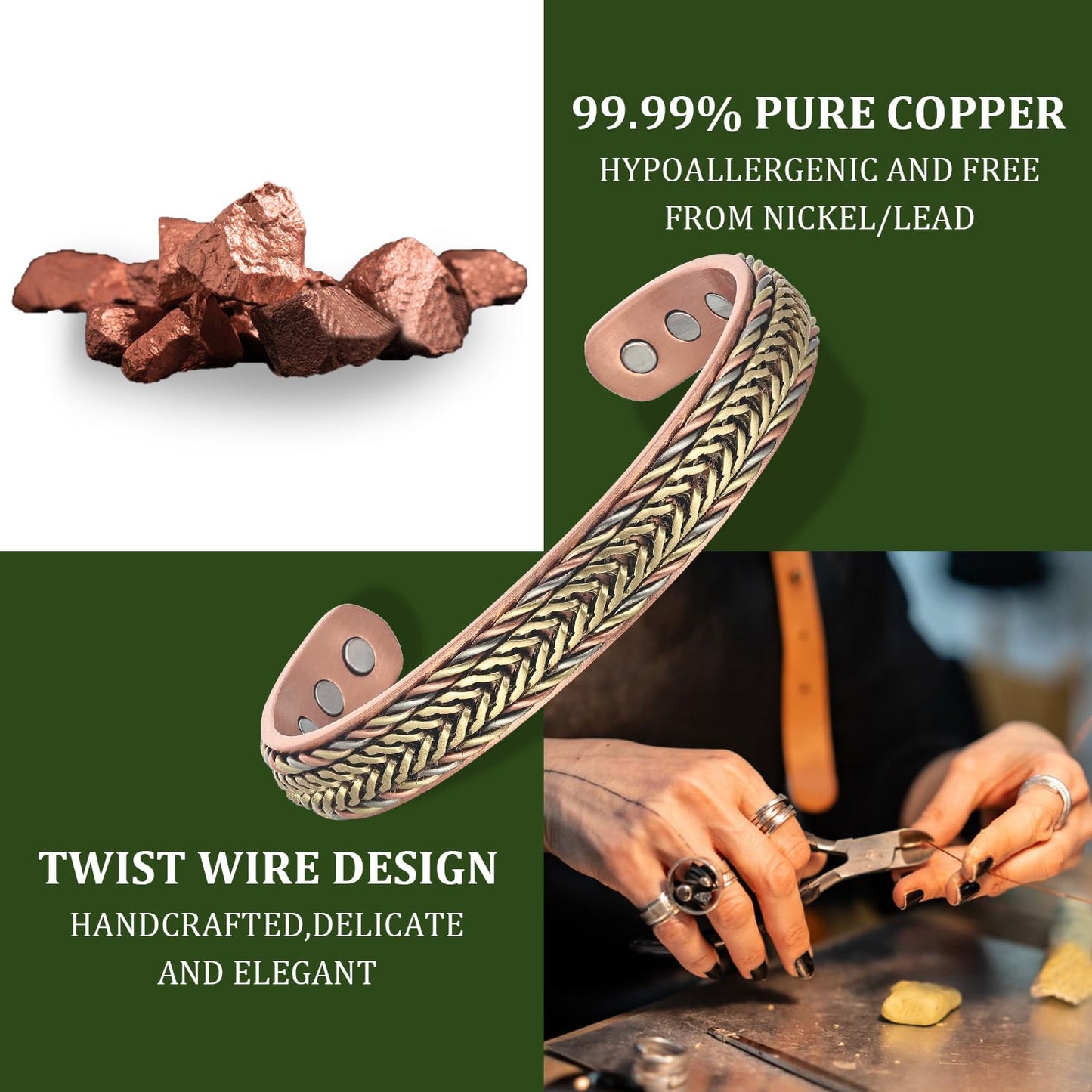 MagEnergy Handcrafted Copper Bracelets for Men Women, Magnetic Copper Cuff Bracelet with Triple Color Twisted Wire, Adjustable Bangle & Healthy Jewelry Gift