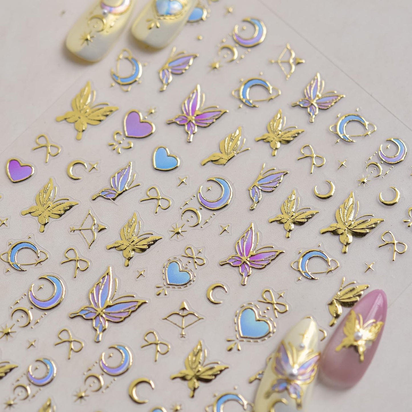 5D Embossed Butterfly Nail Stickers Heart Nail Art Stickers Spring Nail Decals Self-Adhesive Gold Butterfly Star Moon Nail Art Decals for Women Valentine's Manicure