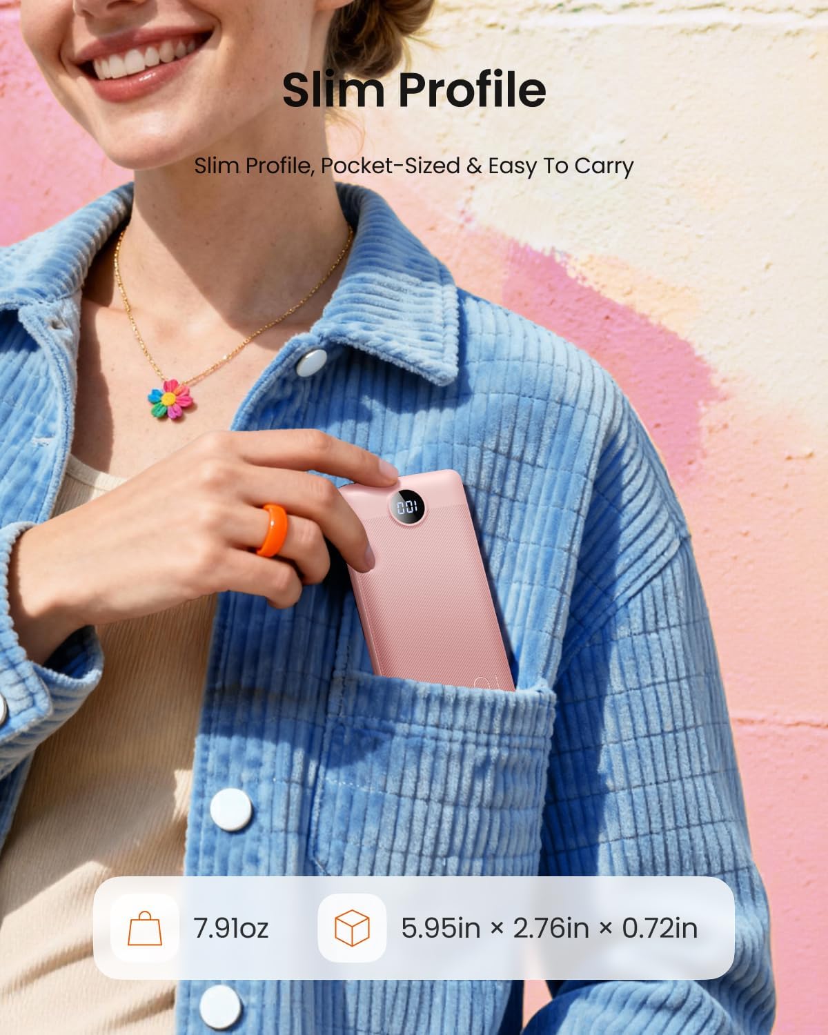 Coowisty Portable Charger Built-in Cables and Wall Plug, 10000mAh Slim USB C Power Bank, LED Display External Battery Pack Compatible with iPhone/Android & More (Pink)