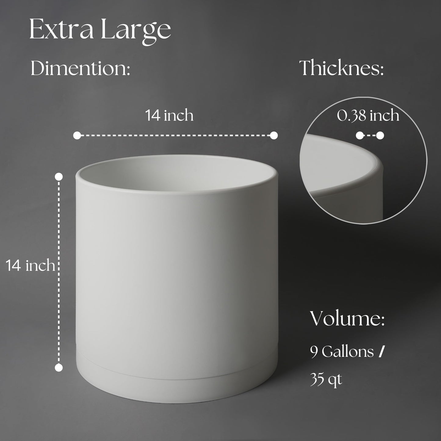 Giraffe Creation 14-Inch Round Cylinder Plant Pot, Modern Indoor/Outdoor Planter with Drainage Hole, Saucer & Water Reservoir, White