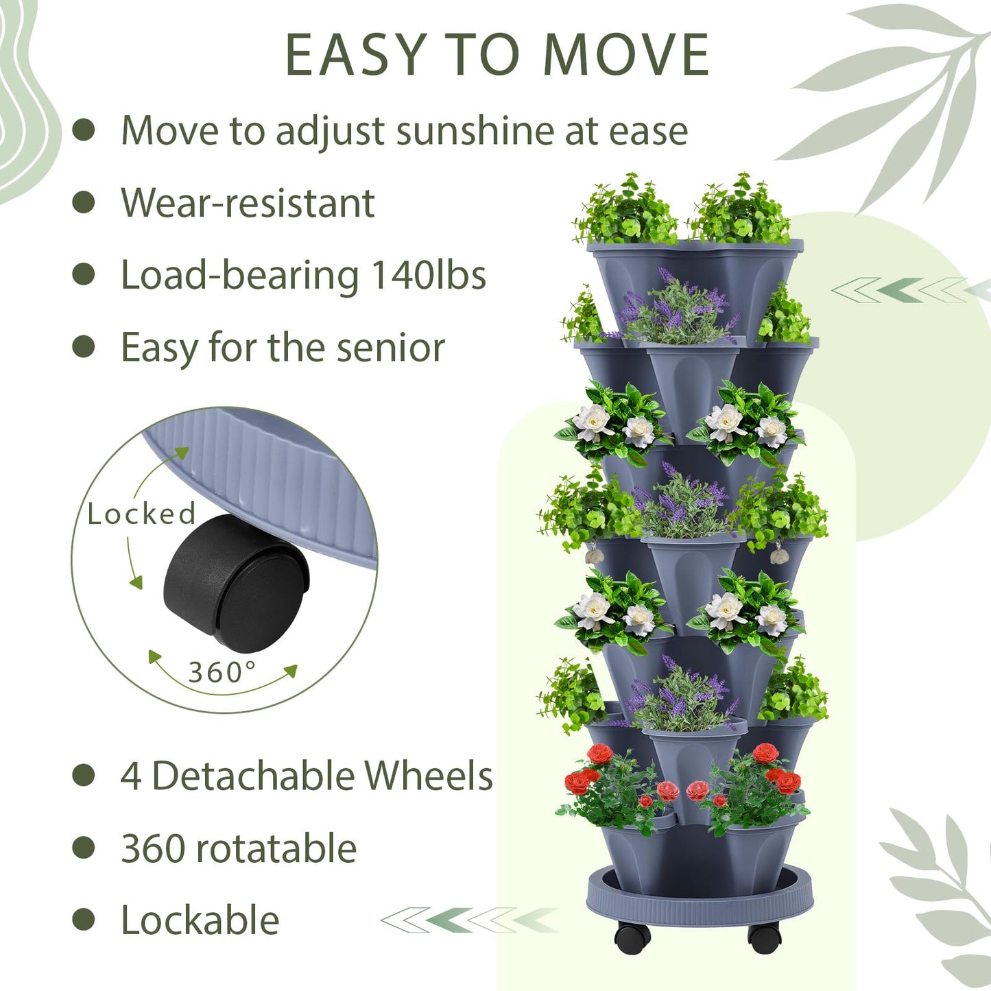 Umigy 2 Set of 7 Tier Vertical Planter Stackable Tower Planters Strawberry Herb Flower and Vegetable Pots Indoor Outdoor Gardening Pots with Removable Wheels and Tools(Dark Gray)