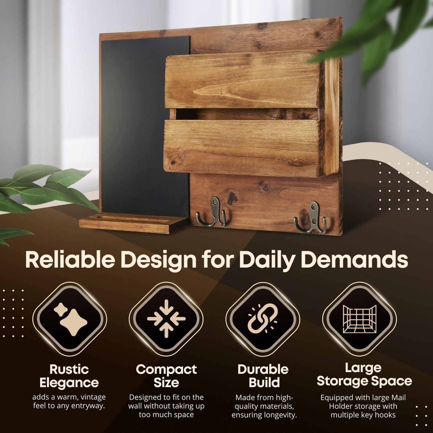 Flexzion Rustic Wood Entryway Mail Sorter Holder, Wall Mount Mudroom Storage Organizer with Blackboard Chalkboard Memo Board Message Sign & Key Hook Rack/f Front Door Furniture Accessory Home Office