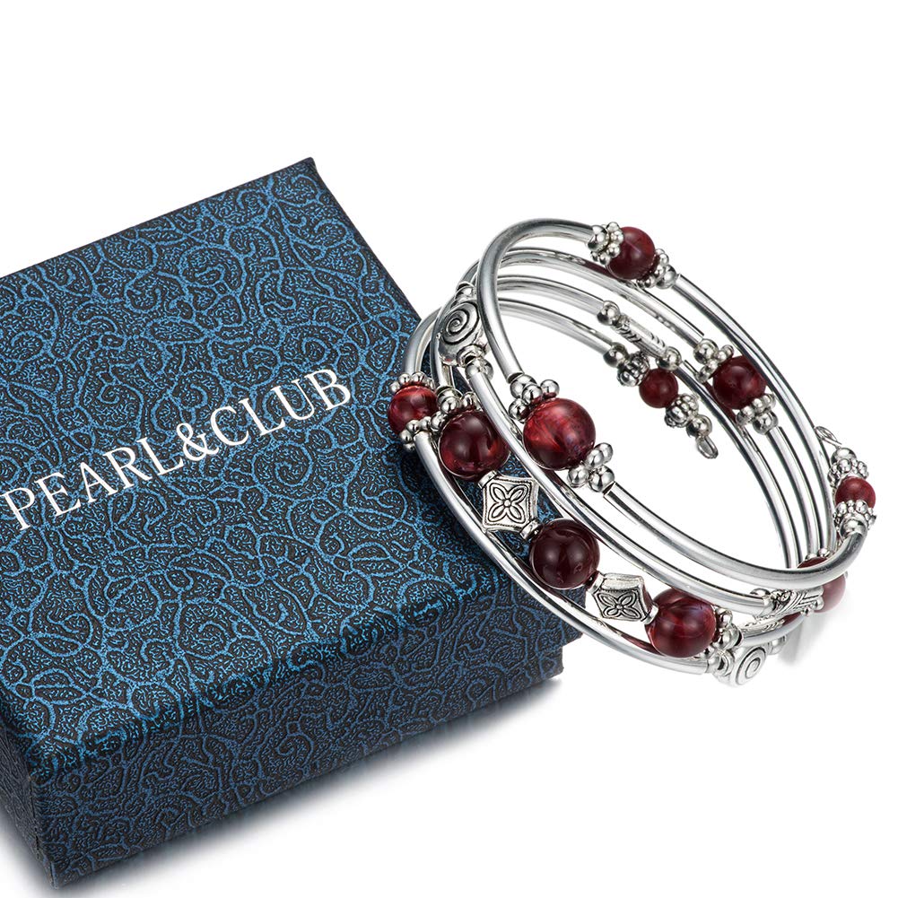 Beaded Pearl Bangle Wrap Bracelet - Fashion Bohemian Jewelry Multilayer Charm Bracelet with Thick Silver Metal Beads, Gift For Women(Dark Red)