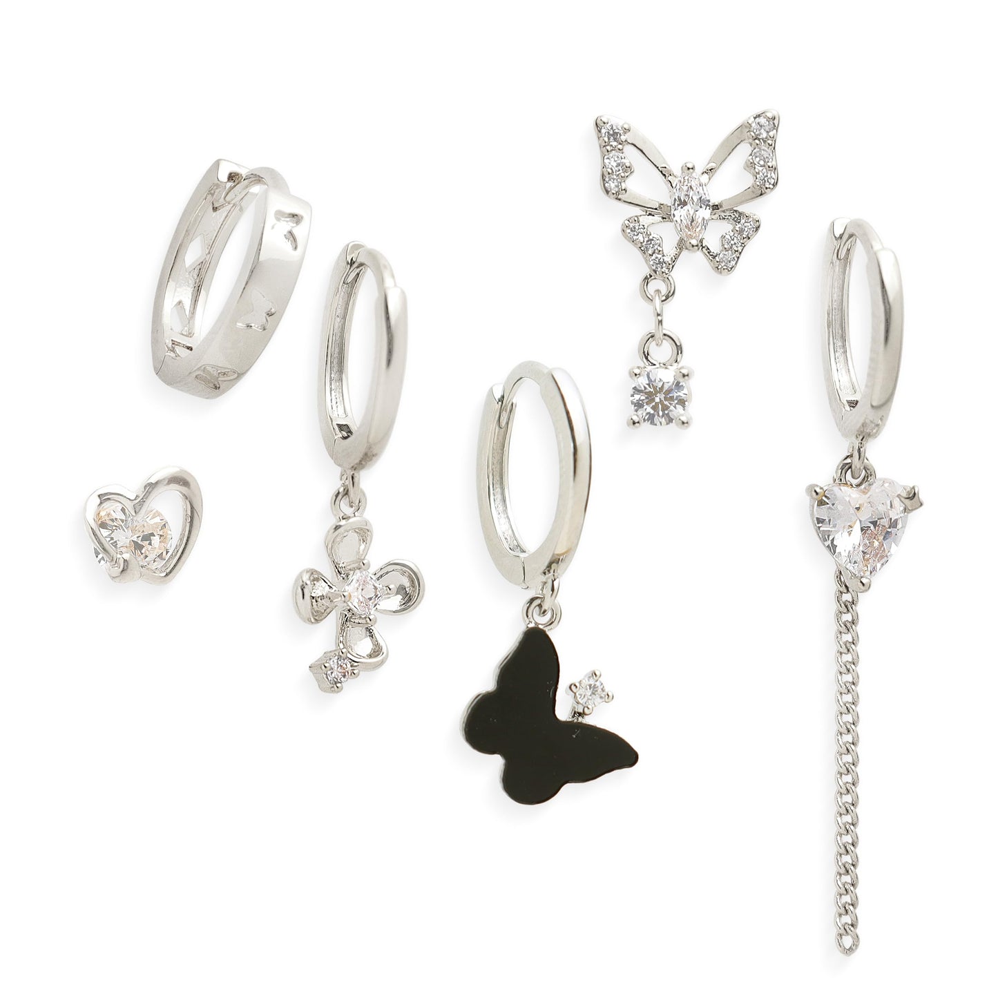 Frigotine Silver Butterfly Heart Small Hoop Stud Earrings Stack Set for Women, Dainty Sparkly Rhinestone Crystal Drop Multiple Piercing Cartilage Huggie Earing Holiday Prom Fashion Jewelry Gift