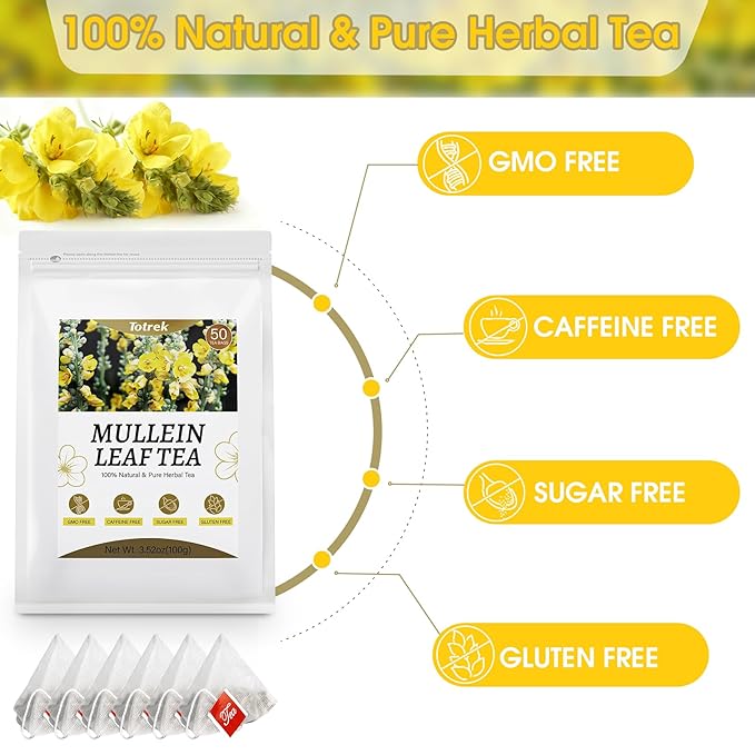 Mullein Leaf Tea Bags, 2g X 50 Bags, Organic Herbal Teas, Pure Mullein Leaves, Mullein Tea, Caffeine Free, Non-GMO, Caffeine-free