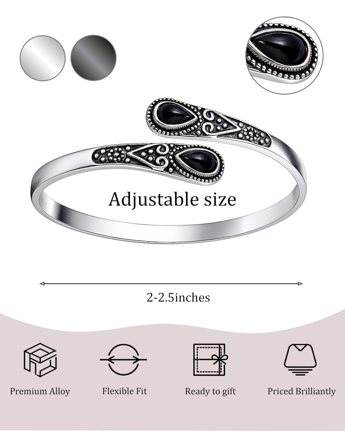 Irideket Vintage Sterling Silver Bracelet with Black Onyx, Silver Bangles for Women, Adjustable Silver Jewelry, Elegant Cuff Silver Bracelet