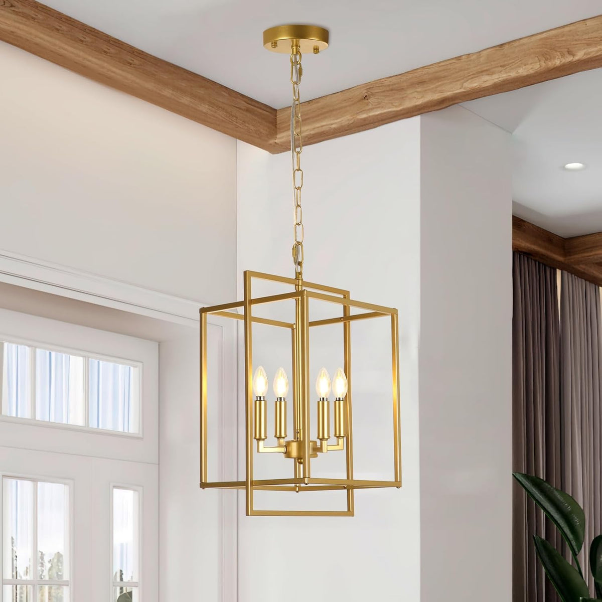 Farmhouse Gold Chandelier, 4-Light Vintage Chandeliers for Dining Room, Adjustable Modern Rustic Metal Hanging Pendant Light Fixture for Entryway Foyer Kitchen Island Hallway