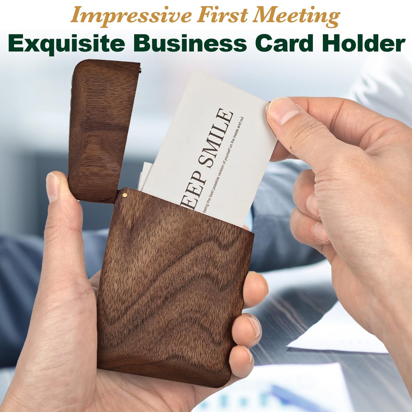 Yookin Wood Business Card Holder Wooden Magnetic Business Card Case Portable Simple (Black Walnut)