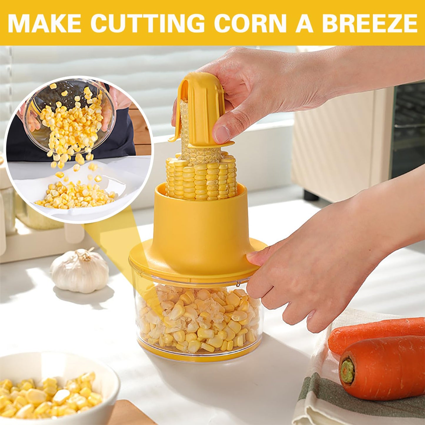 AACGIN Corn Cob Stripper, Corn Peeler for Corn on the Cob, Quick Corn Cutter Tool, Corn shucker off the Cob with Bowl & Safety Handle [Yellow]
