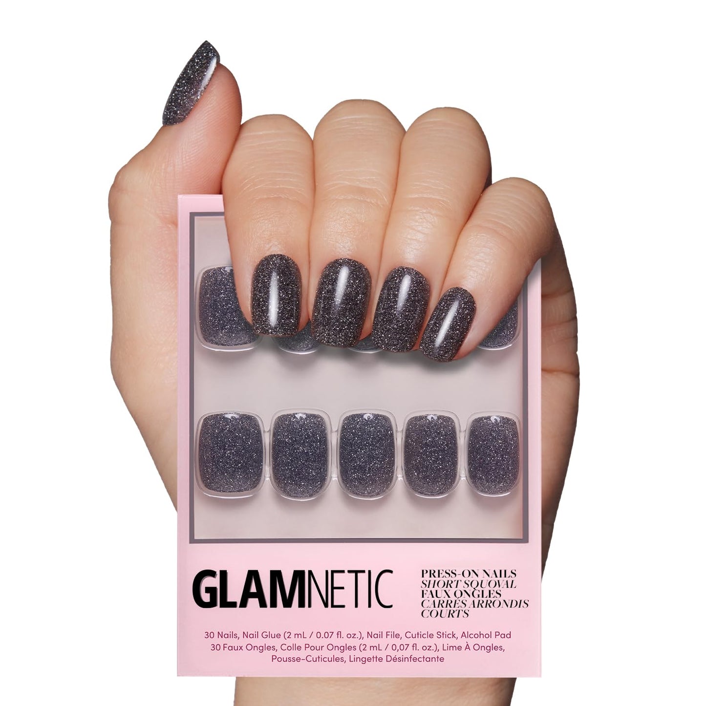 Glamnetic Press-On Nails Bundle - Cherry Glaze & Cosmic | Glazed Short Round Cherry Red Nails | Glossy Sparkly Black Short Squoval Fake Nails | Reusable Nail Kits
