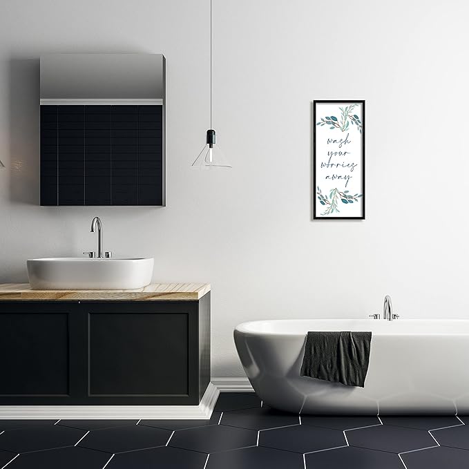 Stupell Industries Wash Your Worries Away Bathroom Phrase Blue Plants, Designed by Kim Allen Black Framed Wall Art, 10 x 24