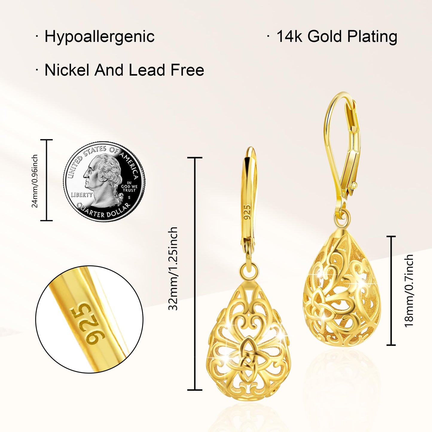 LANCHARMED Teardrop Dangle Earrings for Women.14K Gold Teardrop Waterdrop Leverback Dangle Earrings.Hypoallergenic Earring Jewelry