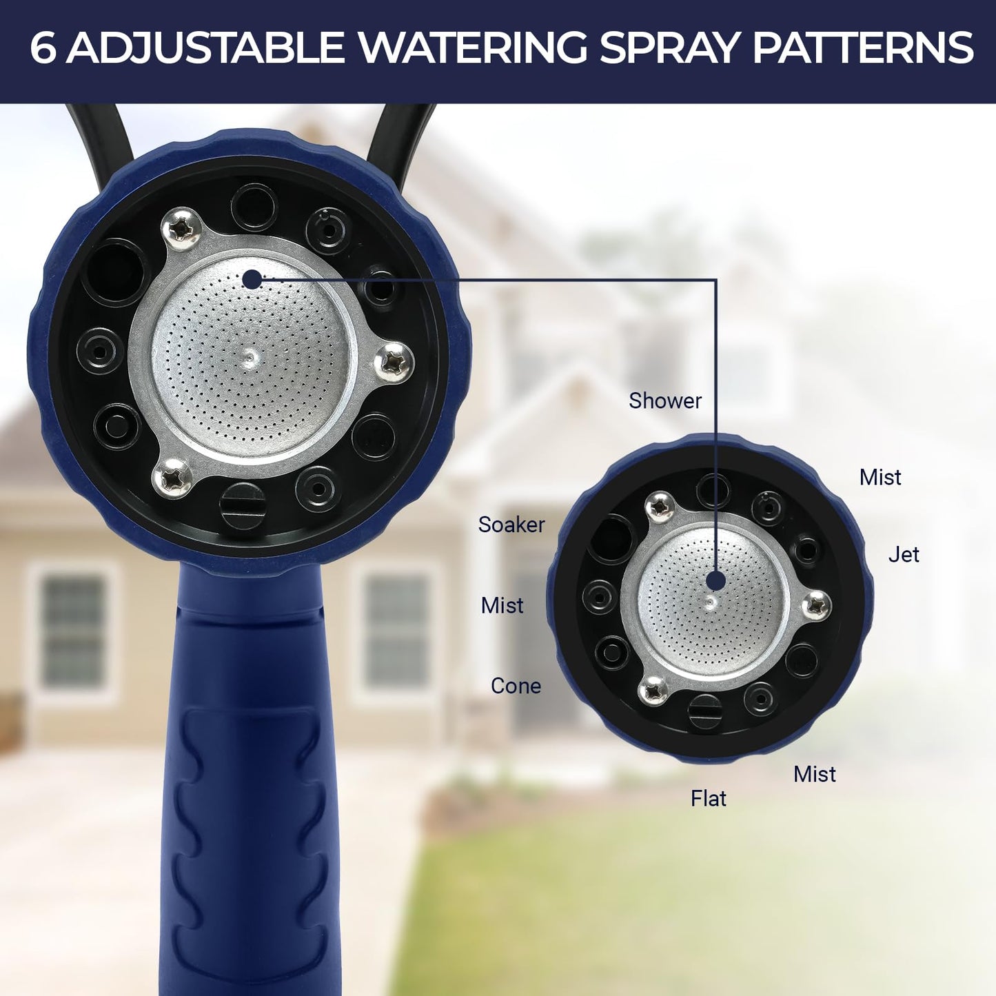 HugeDawn Garden Hose Nozzle, 6 Spray Patterns Heavy Duty Metal Water Nozzle with High Pressure for Watering, Cleaning, Washing (Blue)