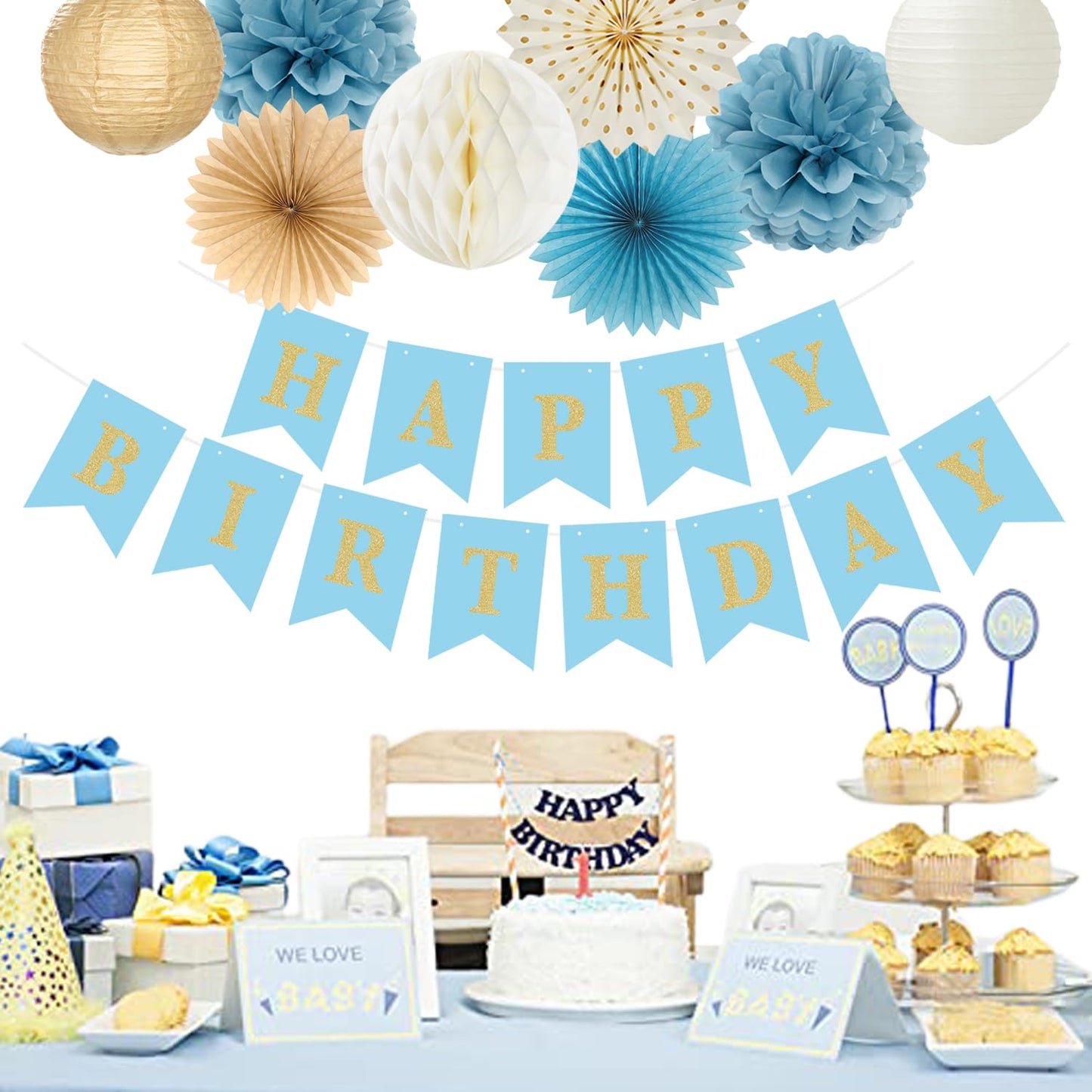 Light-Dusty Blue Beige-Champagne Birthday Party-Decorations - 19pcs Boho Neutral Streamers Banner,Paper Star Garland Lanterns Honeycomb Fan,Tissue Pom Poms,Wall Ceiling Backdrop Supplies Ouruola